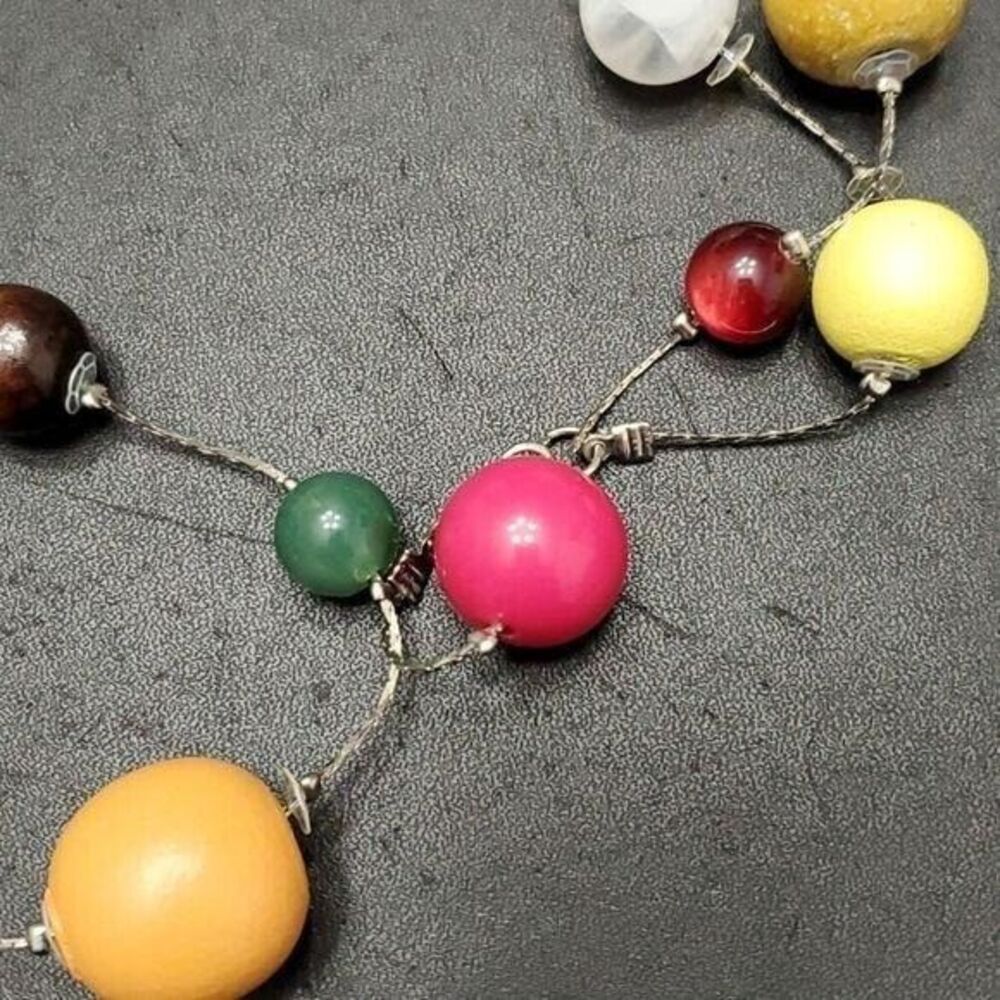 Silver tone long colorful round beaded necklace 44"
